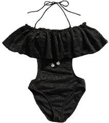 Customize レディース 水着 ワンピース水着 オフォショルダー レース付き(ブラック,  L)