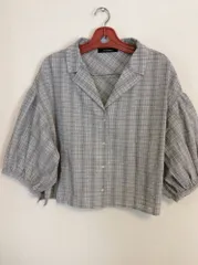 w closet　グレー系チェック ショート丈ゆったりシャツ