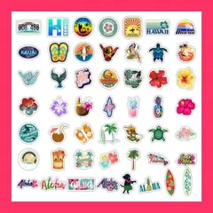 【スタッフおすすめ！】【50枚セット】ハワイアン ステッカー 可愛い 防水シール ハワイ 南国風 アロハ ハイビスカス ヤシの木 フラガール MacBook スーツケース デコレーション用