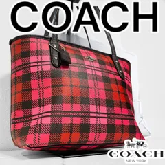 COACH コーチ トートバッグ ハンドバッグ ショルダー チェック柄 レッド系 ブラック系 肩掛け PVC 馬車 ロゴ 金具