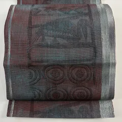 【美品】 名古屋帯 優品 八寸名古屋帯 トンネル仕立て 鳥 幾何学模様 青灰色 正絹 【中古】
