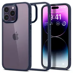 iPhone14Pro スマホケース 背面クリア ワイヤレス充電対応 Spigen ACS04962 ネイビーブラック