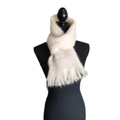 美品 LOEWE ロエベ モヘア×ウール アナグラム刺繍 ニット フリンジマフラー アイボリー レディース 古着 中古 USED