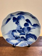 古伊万里 志田窯  【染付 山水文 輪花大皿】(32) 32.4cm