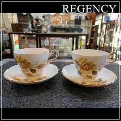 リージェンシー REGENCY カップ＆ソーサー 2客セット ペア フラワー 花柄 英国 アンティーク 金彩 年代物 ティーカップ 【ME0305-2】