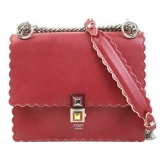 FENDI ドットコム チェーンウォレット レッド レザー メタルリング金具 