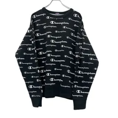 Champion プリントスウェット トレーナー 2XL ブラック ホワイト チャンピオン 総柄 裏地パイル 古着卸 アメリカ仕入 a709-5007