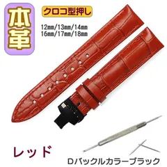 時計ベルト 本革 クロコ型押しＤバックル レッド/ブラック バネ棒交換工具付