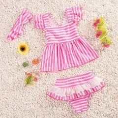 ☆ ピンク ☆ Lサイズ ☆ 水着 キッズ 女の子 キッズ 水着 女の子 セパレート スイムウェア キッズ水着 みずぎ トップス パンツ ヘアバンド フリル レース 3点 セット こども 子供 子ども 上下 上下セット 水遊び ガールズ 女児 女子