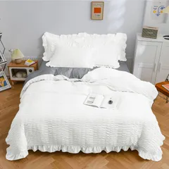 【数量限定】洋式和式兼用 ピーチスキン加工 寝具カバーセット 洗い替え ボックスシーツ 枕カバー ベッドカバー 掛け布団カバー フリル付き 速乾タイプ(ホワイト＋グレーシングル・3点セット) シアサッカー生地 シングル・3点セット AYO 布団カバー