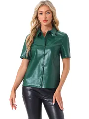 Allegra K PUレザーボタンダウンシャツ レディース 半袖 カラーブラウス ジャケット パーティークラブトップス ディープグリーン L
