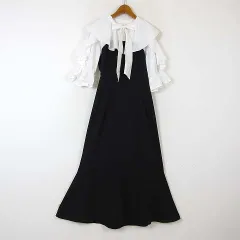 グレイル GRL ボウタイ フリル オープンショルダー マーメイド ワンピース シャツ ハーフボタン プルオーバー 切替 リボン ボリューム袖 キャンディースリーブ 5分袖 半袖 M 黒 ブラック 白 ホワイト