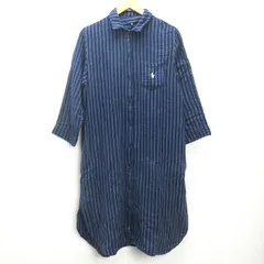 H■ラルフローレン/RALPH LAUREN ストライプ柄 長袖シャツワンピース【M】紺/LADIES■124【中古】
