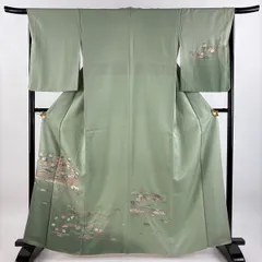 訪問着 身丈161.5cm 裄丈66cm M 袷 松竹梅 菊 刺繍 ぼかし 薄緑 正絹 美品 秀品 【中古】