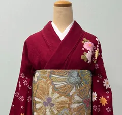 振袖　赤　ピンク　菊柄　着物　袋帯　2点SET　成人式　晴着　和装　う240727-1
