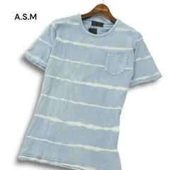 【新品 未使用】 A.S.M アトリエサブ メン 加工 インディゴ 半袖 ポケット ボーダー カットソー Tシャツ ポケT Sz.50 メンズのサムネイル
