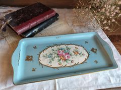 フランス アンティーク　ブルー　手書き花柄　長方形　皿　陶器トレー　美品