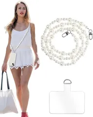 Turkalla スマホストラップ パールチェーン ショルダーストラップ 斜め掛け 肩掛けストラップ パールストラップ 金属製D字 タグパッチ 丈夫 耐久性強化版 携帯ストラップ 着脱簡単 紛失・忘れ物防止 全機種対応(D)