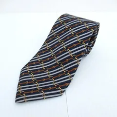 #apzt エルメス HERMES ネクタイ 紺 シルク 総柄 ベルト くさり フランス製 美品 メンズ [928082]