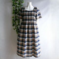 新品 9851 L チェック柄 シャーリング ワンピース 紺薄茶ベージュ系 春 夏 秋 レディース 半袖 綿100％ コットン 50代 60代 70代