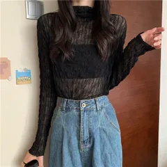 ☆ ブラック ☆ カットソー シースルー カットソー レディース 長袖 シャツ 薄手 メッシュ レース シアー タートルネック フリルネック ハイネック 重ね着 レイヤード エレガント 透け カジュアル きれいめ 上品 かわいい トップス