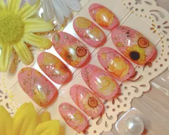 ⑦ハンドメイド　ネイルチップ　現品　サイズオーダー可　ピンク　イエロー　イエベ　夏　ひまわり　バラ　ラメ　ゴールド　ボタニカル　かわいい