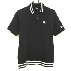 【超美品】ニューエラ 半袖ニットポロシャツ 黒×白 襟・裾ライン ロゴ刺しゅう  メンズ MEDIUM ゴルフウェア New Era