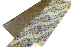 リバーシブル半巾帯　道長草花　グリーン　疋田(鹿の子)　茶色　ポリエステル