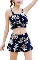 水着 ボタニカル 柄 上下セット タンキニ フレア レディース 体型カバー ビスチェ 風 プール 海水浴 リゾート 大人 3カラー みずぎ SWIMSUIT セクシー かわいい カワイイ 可愛い オシャレ お洒落 肩出し 黒 白 青 色  [ネイビー] [L]
