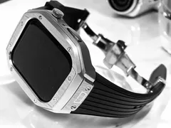 ブラックシルバー　バタフライバックル　メタル ラバー カスタム apple watch ケースカバー　45mm 44mm用 ベルト　バンド　アップルウォッチ