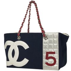샤넬 CHANEL 코코 마크 체인 토트 백 초코 바 No.5 토트 백 캔버스 네이비 실버 레드 레이디스 [중고]