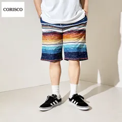 新品 CORISCO コリスコ 総柄 プリント ショートパンツ ミニ裏毛 スウェット ハーフパンツ 短パン  メンズ ユニセックス ネイティブ系 エスニック系 古着系 ボーダー レインボー 虹色 M L LL 3.カスレマルチボーダー 621911のサムネイル