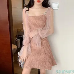 パーティードレス ワンピース  長袖 シースルー袖 きれいめ ミニ丈 フレア ビジュー パール きらきら  無地 お呼ばれ 二次会 結婚式 0686