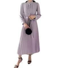 [Four leaf] 上品 プリーツ ロング ワンピース レディース 長袖 春 秋 きれいめ ハイウエスト ドレス ロングワンピ フォーマル セミフォーマル リボン ロング丈 春物 大きいサイズ (JP, アルファベット, L, パープ [パープル] [L]