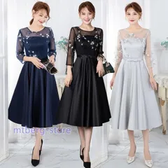 パーティードレス 黒 サテンドレス 刺繍 キレイめ 30代 40代 結婚式ドレス ミモレ丈 ネイビー 紺色 お呼ばれドレス 二次会ドレス Aライン 7
