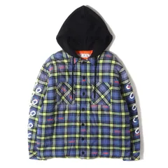 【美品】OFF-WHITE オフホワイト ジャケット ブルー イエロー サイズ:L | 22AW フード付き 裏地キルティング チェックネル シャツジャケット | イタリア製 | アウター ブルゾン 上着【メンズ】【中古】