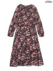 古着 Jean BIOLAY フランス製 リボン ベルト付き 花柄 ロング丈 長袖 ワンピース 黒 赤 ピンク (otu2402022)