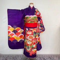 【人気カラー】七五三　7歳女の子　着物　四つ身　紫　半襦袢　作り帯セット　帯揚げ帯締めしごき付き　ビンテージ　#きもの猫田　T327