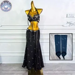 新品 未使用 ベリーダンス オリエンタル衣装  トップス スカート オーダーメイド ステージ衣装  上下セット オリエンタルベリーダンス服 ビーズスパンコール ブラック