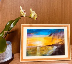 絵画「円月島の夕日」アクリル絵/新品額縁