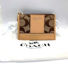 【美品】コーチ（COACH）キーリング付きシグネチャーコインケース　小銭入れ　ベージュ×ブラウン【中古】KB-9454