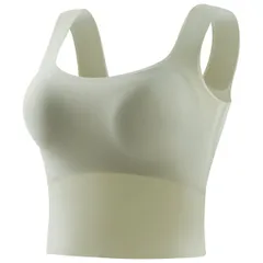 カップ付きシームレスタンクトップ レディース インナー ブラトップ ノンワイヤー パッド取り外し可 美胸 フィット ストレッチ スタイルアップ黒 白 緑 b21003