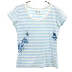 agnes b. アニエスベー 日本製 フラワープリント ボーダー柄 フレンチスリーブ Tシャツ 1 ホワイト レディース 古着