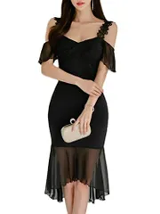 [ISLAYCAOLILA] キャバドレス ミニドレス クラブドレス パーティードレス ワンピース タイト ミディ フィッシュテール ベアトップ オフショルダー フレア スリーブ シースルー レディース C69 マリン (ブラック, M)