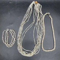 全点SILVER刻印　真珠パールネックレス/ブレスレット　3点おまとめ　大粒パール ベビーパール　ケシ　7連ロングネックレス シルバー