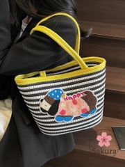【可愛い】カートゥーン ダックスフンド 手提げバッグ 編みバッグ ガーデン風 ドパミンカラー カラフル イエロー/グリーン/ワイン