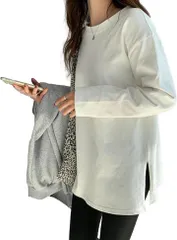 Le Li Ca [レリカ] ゆったり 長袖 tシャツ ロングスリーブ ロンｔ 無地 シンプル カットソー トップス スリット レディース ロンティー 部屋着 インナー おしゃれ 体型 カバー 通勤 通学 ロングTシャツ(ホワイト,  XL)
