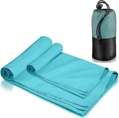 NOMAW 速乾タオル 登山 スポーツタオル 超軽量 コンパクト 吸水速乾タオル マイクロファイバータオル バスタオル ミニバスタオル フェイスタオル アウトドア 旅行 収納袋付き(ライトブルー,  MLセット)
