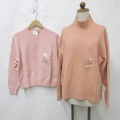 ユニクロ UNIQLO ニット 2枚セット セーター 長袖 ハイネック クルーネック スフレヤーン ラム ピンク M