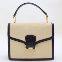 2507-49 コンテス ハンドバッグ COMTESSE ホースヘア×レザー製 アイボリー×ネイビー フラップ 金金具